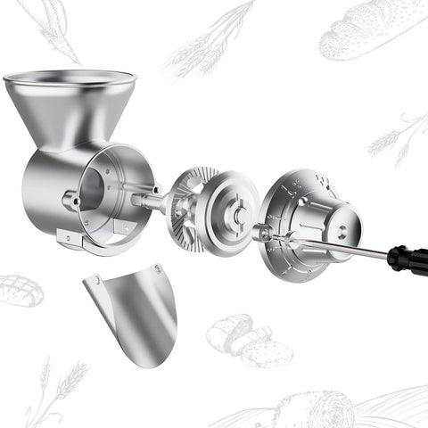 All Metal Grain Mill Attachment For KitchenAid Stand Mixers With Nine Adjustable Grinding Levels Turns Wheat Corn Buckwheat Oats Millet Barley And More Into Fresh Flour Or Meal And Fits Any Power Hub KitchenAid exploded view
