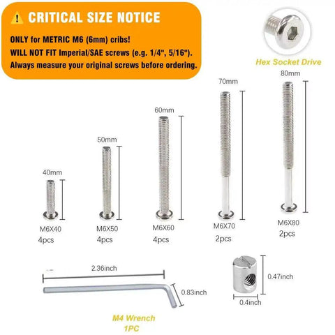 Crib Hardware Replacement Kit Featuring M6 Socket Cap Screws In 40 50 60 70 And 80 Mm Lengths, 16 Bolts, 16 M6 x 12mm Barrel Nuts, And 1 M4 Wrench For Easy Crib Assembly And Repair diagram