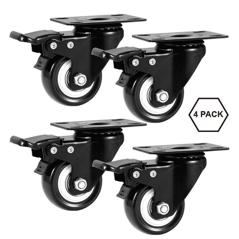 2" Caster Wheels Set of 4, Heavy Duty with Brake - Locking Polyurethane (PU) No Noise Swivel Plate Casters, Pack of 4 - Canadian Ball Bearing Supplier.