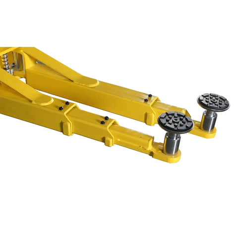 APlusLift HW-10KOH-A two-post overhead car lift arms, yellow steel with black round lift pads, side view