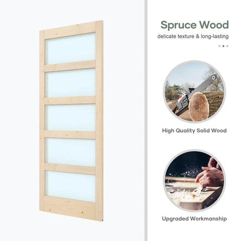 36 By 84 Inch Glass Sliding Barn Door Slab With 6.6 Foot Hardware Kit Included, 5 Panel Frosted Glass, Spruce Wood Support