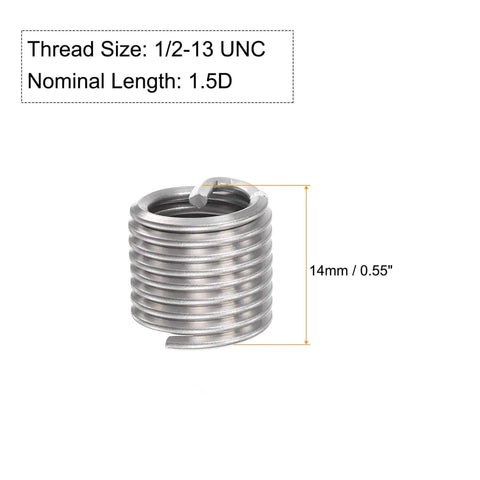Heavy Duty Wire Thread Inserts 1/2-13 UNC Helical Coiled Type For Thread Repair 304 Stainless Steel, 14mm Length