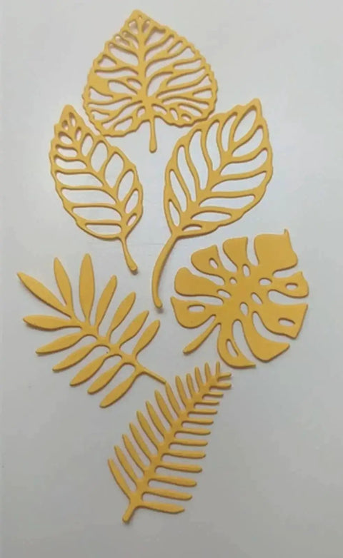 Totally Seven Piece Leaf Die Cut Set for Scrapbooking and Card Making shown with various plant leaf shapes on white background.