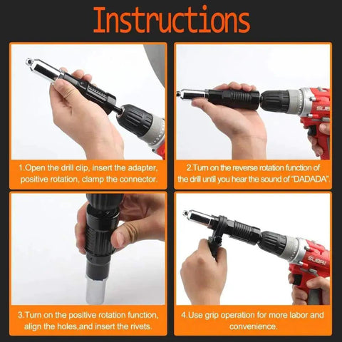 Instruction guide showing Rivet Gun Adapter Kit With Handle Grip Riveter Drill Attachment For Cordless Electric Drills installation process.