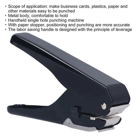 Handheld Single Hole Punch for up to 10 sheets, heavy duty metal punching tool with paper stopper, ideal for biz cards, plastics and paper