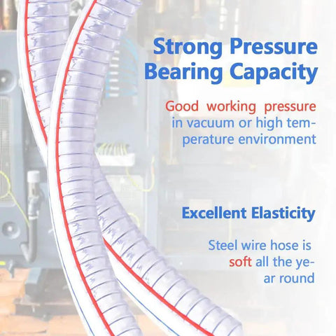 Beefy Ten Foot Steel Wire Reinforced PVC Vacuum Hose With One And Quarter Inch Inner Diameter And One And Half Inch Outer Diameter highlights strong pressure capacity.