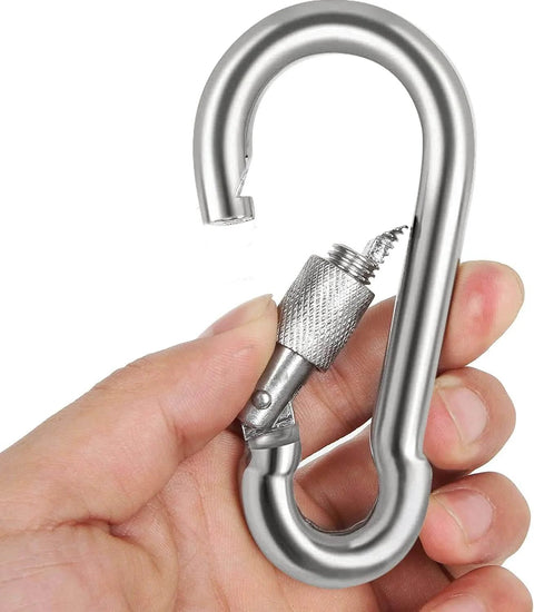 Close-up of a hand holding a 12 Pack Locking Carabiner Clips Tough As Nails Two Point Three Six Inch Heavy Duty Stainless Steel 304 Thumb Screw Gate Snap Hooks.