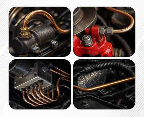 Copper-nickel brake line, 25 ft, 3/16 in (4.75 mm) with fittings, front view.
Copper-nickel brake line with fittings connected to red brake caliper, close-up.
Copper-nickel brake lines emerging from a distribution block; multiple lines visible.
Copper-nickel brake line routing through engine bay among hoses and wiring.