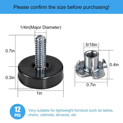 Diagram of Adjustable One Quarter Inch Thread Leveling Feet With T Nuts 12 Pack Screw In Furniture Levelers dimensions.