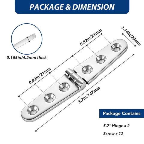 Heavy Duty Flat Strap Hinge Symmetrical Marine Grade 316 Stainless Steel For Boat Hatches Toolboxes Doors And Gates 6 By 1.18 Inch 2 Pack Corrosion Resistant Ideal For Saltwater Environments, showing dimensions and package contents.