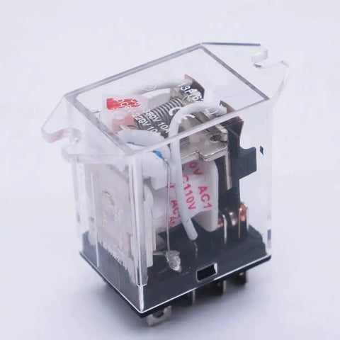 2 Pack AC 110V DPDT Power Relay with LED Indicator JQX-13F-DZ-AC110V 8-Pin 10A, transparent housing, close-up view