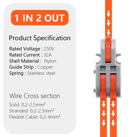 Side view of 20 Piece Lever Wire Connectors Set 1 In 2 Out Quick Wiring Mini Splicing Docking Terminal Block Electrical Connectors For 24 12 AWG Wires Tap Into Stripped Cables In Seconds showing specifications on left
