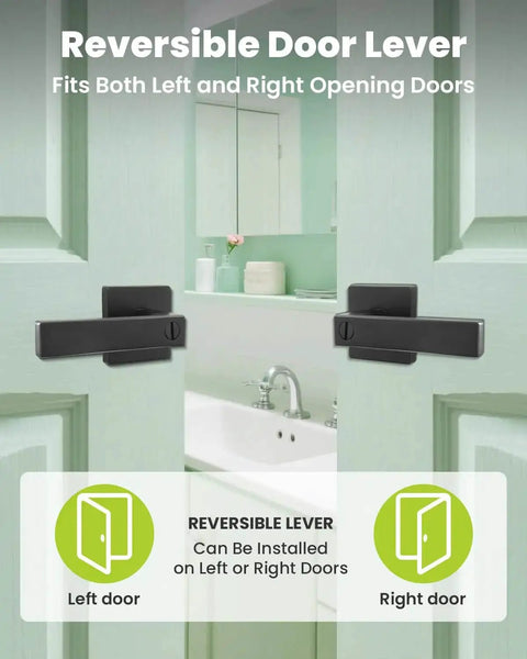 Keyless Privacy Door Lever With Lock Set installed on bathroom double doors, reversible for left or right handed doors, matte black finish.
