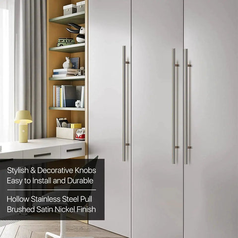 10 Pack Stainless Steel T Bar Cabinet Handles In Satin Brushed Nickel Finish For 24 Inch Length And 15 Inch Hole Center Silver Drawer Pulls For Kitchen Cabinets Cupboards Doors And Bathroom Furniture installed on white cabinet doors