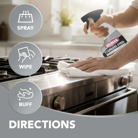 Stainless Steel Cleaner And Polish Kit Three Piece With Spray Wipes And Cloth Anti Fingerprint Formula in use on stove top