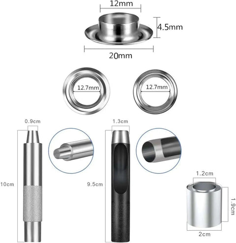 Diagram of Half Inch Grommet Tool Kit With 100 Grommet Eyelets And Punch Silver Metal Grommets For Fabric Leather And Canvas DIY Projects
