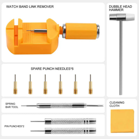 32 Piece Watch Link Removal Kit With Pro Band Replacement Tool For DIYers, 10 Spare Spring Bars And 10 Cotter Pins, Double Head Hammer, Plus 6 Extra Pins For Quick, Easy Watch Band Adjustments with visible tools and cleaning cloth