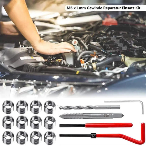 Heavy Duty 30 Piece M6 X 1.0mm Thread Repair Insert Kit in Stainless Steel with tools, shown near an engine for auto thread repair.