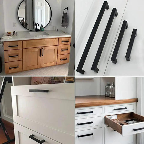 Matte Black Cabinet Pulls Square Drawer Handles with 3-3/4 Inch Hole Centers 96 mm Stainless Steel installed on wooden cabinets.