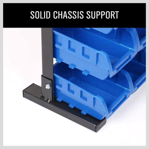 Close-up of Wall Mounted 36 Bin Storage Rack for Garage and Workshop Heavy Duty Plastic Bin Organizer with blue bins and support.
