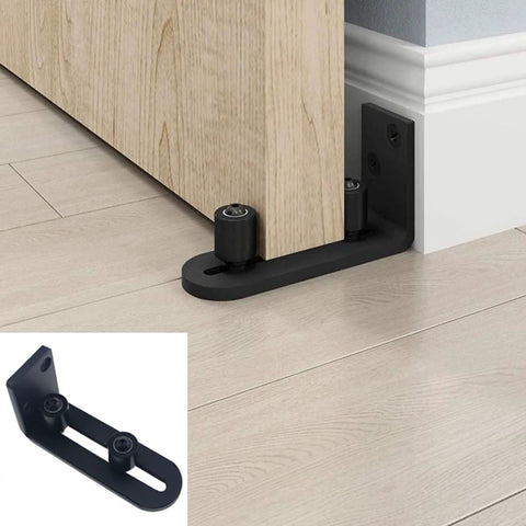 Heavy Duty Sliding Barn Door Floor Guide With Stainless Steel Construction Adjustable Castors And Ball Bearings For Smooth Stable Operation Rust Resistant Brushed Finish Flush Flat Bottom Design 1 Set installed view on wooden floor