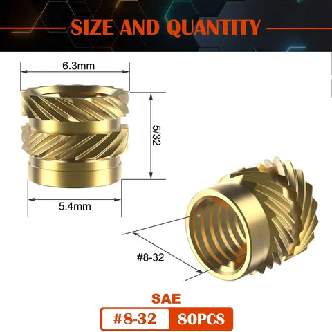 80Pcs Brass Heat Set Threaded Inserts For Plastic And 3D Printing, SAE Knurled Female Thread Nuts Assortment Kit, Size 8 32 By 5 32 By 6.3 Mm Perfect For Hobbyists And Pros Building, Repairing, And Upgrading 3D Printed Projects And Plastic Assemblies