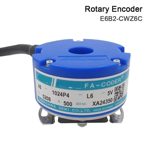 Front view of blue rotary encoder model E6B2-CWZ6C for precision position feedback in servo systems and robotics projects.