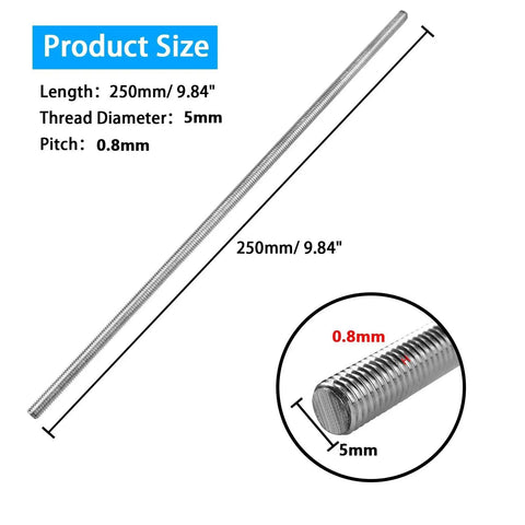 M5 X 250mm Fully Threaded Rod 304 Stainless Steel Right Hand Threads 4 Pack with 5mm diameter and 0.8mm pitch