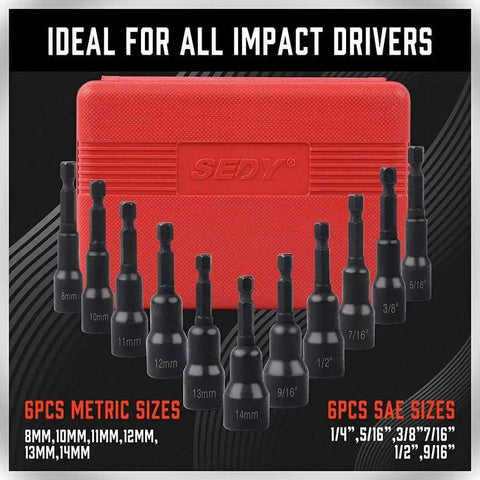 Front view of 12 Piece Magnetic Nut Driver Set For Impact Tools With Premium Chrome Vanadium Steel And Black Phosphate Finish SAE And Metric Sizes Quarter Inch Quick Change Strong Magnetic Hold For Fast And Secure Fastening with red case.