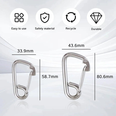 Two stainless steel marine carabiner snap hooks (2-pack) for boat docking; small 33.9×58.7mm, large 43.6×80.6mm.