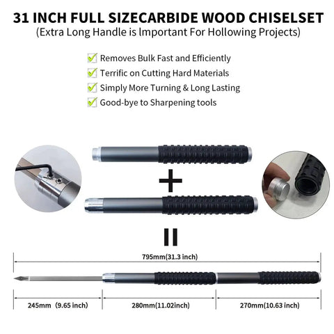 Pro Grade All In One Carbide Wood Lathe Tools Set With Bowl Sander And Swan Neck Hollower shown with long aluminum handles.