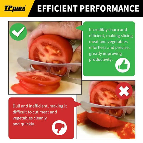 Comparison of sharp and dull knife cutting a tomato showing efficient performance