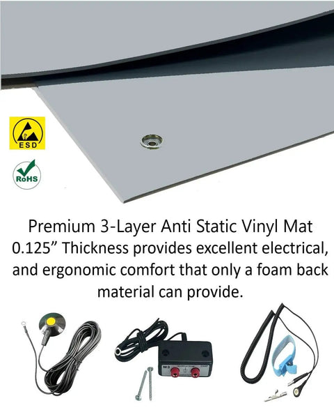 Groundhug By Scientific Americas ESD Anti Static Mat with 3 layer vinyl construction, wrist strap, grounding cable, dual bench, 2x10 ft gray