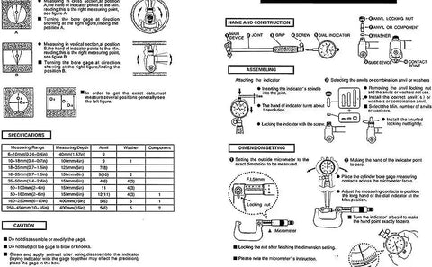 Instruction manual for Dial Bore Gauge Set For Machinists, 2 To 6 Inch Range With 0.001 Inch Accuracy, showing parts and assembly steps.
