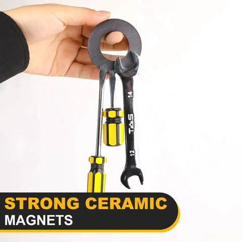 Ferrite ring magnet with hole; black ceramic magnet, outer diameter 2.36 in, inner diameter 1.26 in, 10 mm thick.