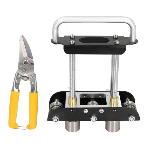 Three Station Aluminum Sheet Roller Bending Machine for Metal Roofing with yellow-handled shears