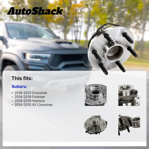 Front Wheel Hub Bearing Assemblies Left And Right With ABS Replacement For 2014 2018 Subaru Forester And 2016 2021 Subaru Crosstrek Two Piece Set Built For A Smooth Ride And Quiet Braking Ready To Roll, shown with vehicle compatibility list and multiple angles.