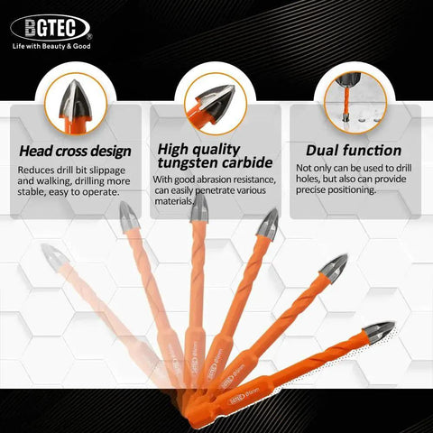 All Purpose Masonry Drill Bits Set by BGTEC with tungsten carbide tips and hex shank shown in various angles for tile and brick.