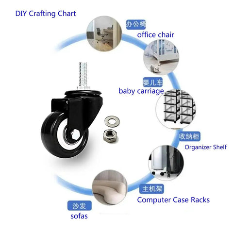 1.5 Inch Silent Office Chair Wheel Replacement Set 5 Piece, showing individual caster with 360-degree swivel and multi-use diagram