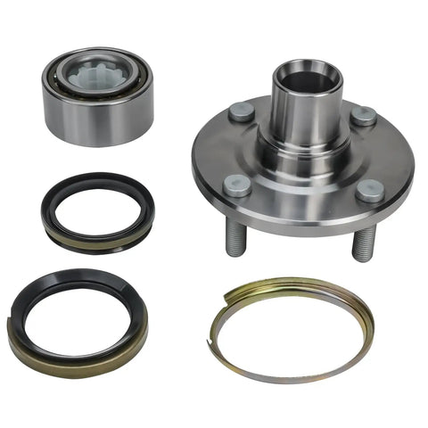 All In One Front And Rear Wheel Bearing Hub Assembly Kit For Four Lug Non ABS Fits Toyota Corolla 1993-2002, Chevy Prizm 1998-2002, Geo Prizm 1993-1997 Four Lug Hub Set showing components