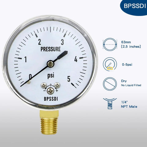 BPSSDI 0-5 psi capsule gauge, 2.5-inch dial, 304 stainless steel case, 1/4-inch NPT lower mount.