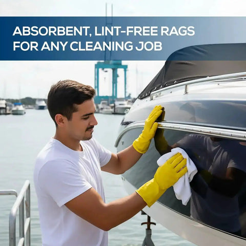 Person cleaning boat with Lint Free White Tshirt Rags 100 Percent Cotton Highly Absorbent Die Cut Jersey Wiping Towels