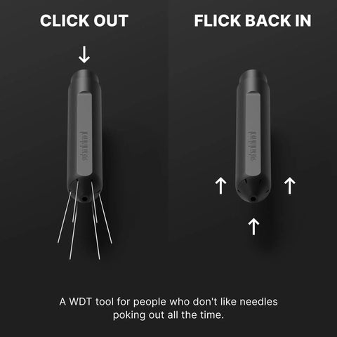 Subminimal Flick WDT espresso distribution tool; black plastic with retractable needles, shown front and side views