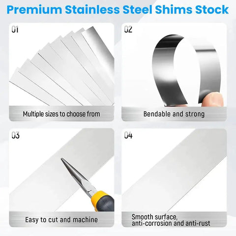 30 Piece 304 Stainless Shim Stock Set 1 Inch By 6 Inch With 10 Thicknesses shown in flexible and cuttable form.