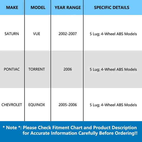 Fitment chart for front wheel bearing and hub assembly for 2005-2006 Chevy Equinox, 2006 Pontiac Torrent, 2002-2007 Saturn Vue
