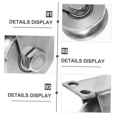 Close-up of Stainless Steel Sliding Door Rollers Set For Heavy Duty U Groove Tracks With Double Bearings and smooth edges.