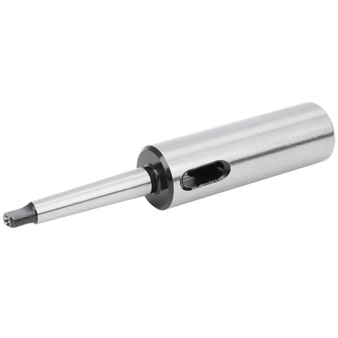 Morse taper drill sleeve MT1-MT2 reducing adapter; silver metal cylinder with side slot