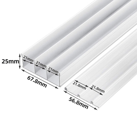 Built Tough Heavy Duty Triple Track Sliding Door Hardware Kit With Aluminum Rails detail, showing measurements and track profile.