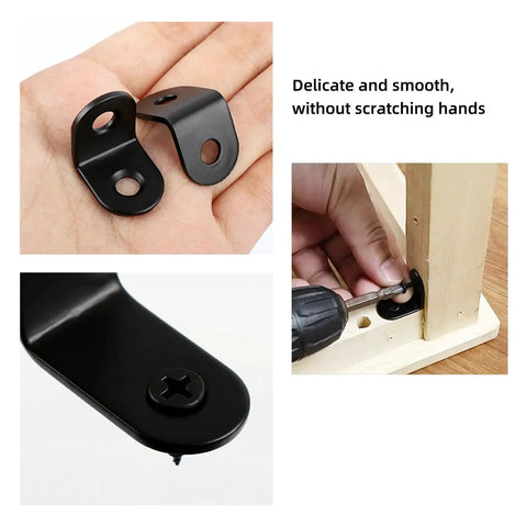 1 Inch L Brackets For Wood 20 Pack 2mm Thick Stainless Steel Corner Braces with Screws, shown in hand and being installed