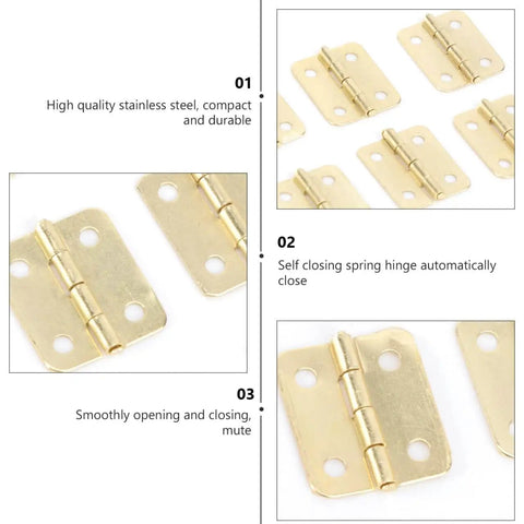 20 Pieces Dollhouse Mini Hinges Hardware Set For Small Furniture Cabinets And Closets 1 To 12 Scale With 80 Screws Yellow Antique Brass Finish Durable Stainless Steel Alloy Perfect For Jewelry Boxes And Dollhouse Miniatures displayed with features.